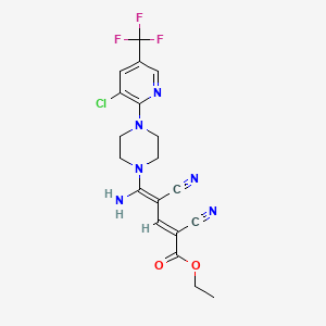 molecular formula C19H18ClF3N6O2 B2992854 （2E，4Z）-5-氨基-5- {4- [3-氯-5-（三氟甲基）吡啶-2-基] 哌嗪-1-基} -2,4-二氰基戊-2,4-二烯酸乙酯 CAS No. 338409-19-1