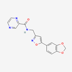 molecular formula C16H12N4O4 B2992879 N-((5-(苯并[d][1,3]二氧杂-5-基)异恶唑-3-基)甲基)吡嗪-2-甲酰胺 CAS No. 1209287-42-2