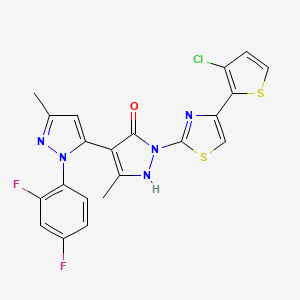 molecular formula C21H14ClF2N5OS2 B2992883 2-[4-(3-氯噻吩-2-基)-1,3-噻唑-2-基]-4-[2-(2,4-二氟苯基)-5-甲基吡唑-3-基]-5-甲基吡唑-3-醇 CAS No. 1007030-99-0