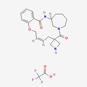 molecular formula C23H28F3N3O5 B2992935 (1S,12Z)-Spiro[10-oxa-2,17-diazatricyclo[15.4.1.04,9]docosa-4,6,8,12-tetraene-15,3'-azetidine]-3,16-dione;2,2,2-trifluoroacetic acid CAS No. 2648862-26-2