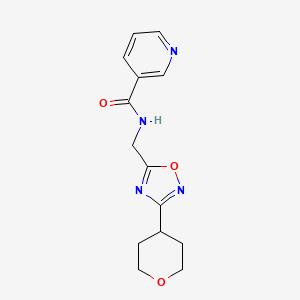 molecular formula C14H16N4O3 B2992975 N-((3-(tetrahydro-2H-pyran-4-yl)-1,2,4-oxadiazol-5-yl)methyl)nicotinamide CAS No. 2034291-07-9