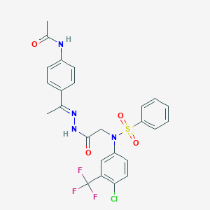 molecular formula C25H22ClF3N4O4S B299302 N-[4-(N-{[4-chloro(phenylsulfonyl)-3-(trifluoromethyl)anilino]acetyl}ethanehydrazonoyl)phenyl]acetamide 