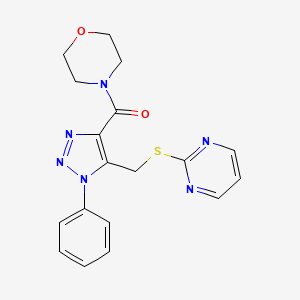 molecular formula C18H18N6O2S B2993056 morpholino(1-phenyl-5-((pyrimidin-2-ylthio)methyl)-1H-1,2,3-triazol-4-yl)methanone CAS No. 1105241-89-1