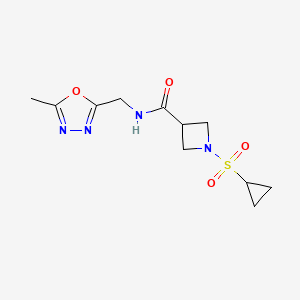 molecular formula C11H16N4O4S B2993071 1-(cyclopropylsulfonyl)-N-((5-methyl-1,3,4-oxadiazol-2-yl)methyl)azetidine-3-carboxamide CAS No. 1428364-73-1
