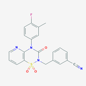 molecular formula C21H15FN4O3S B2993133 3-((4-(4-fluoro-3-methylphenyl)-1,1-dioxido-3-oxo-3,4-dihydro-2H-pyrido[2,3-e][1,2,4]thiadiazin-2-yl)methyl)benzonitrile CAS No. 1251681-71-6