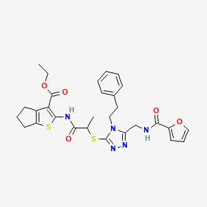 molecular formula C29H31N5O5S2 B2993135 ethyl 2-(2-((5-((furan-2-carboxamido)methyl)-4-phenethyl-4H-1,2,4-triazol-3-yl)thio)propanamido)-5,6-dihydro-4H-cyclopenta[b]thiophene-3-carboxylate CAS No. 393819-89-1