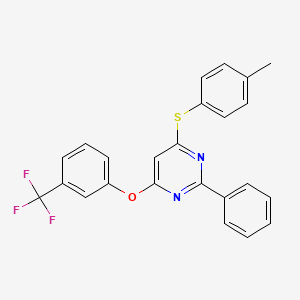 molecular formula C24H17F3N2OS B2993165 4-(4-Methylphenyl)sulfanyl-2-phenyl-6-[3-(trifluoromethyl)phenoxy]pyrimidine CAS No. 478067-34-4