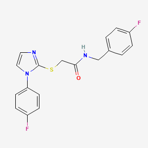 molecular formula C18H15F2N3OS B2993170 2-[1-(4-fluorophenyl)imidazol-2-yl]sulfanyl-N-[(4-fluorophenyl)methyl]acetamide CAS No. 688336-98-3