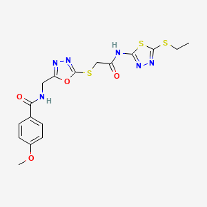 molecular formula C17H18N6O4S3 B2993184 N-((5-((2-((5-(乙硫基)-1,3,4-噻二唑-2-基)氨基)-2-氧代乙基)硫基)-1,3,4-恶二唑-2-基)甲基)-4-甲氧基苯甲酰胺 CAS No. 851783-40-9