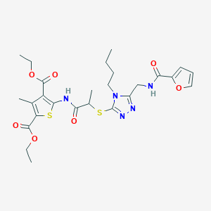molecular formula C26H33N5O7S2 B2993187 Diethyl 5-[2-[[4-butyl-5-[(furan-2-carbonylamino)methyl]-1,2,4-triazol-3-yl]sulfanyl]propanoylamino]-3-methylthiophene-2,4-dicarboxylate CAS No. 393817-43-1