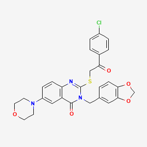 molecular formula C28H24ClN3O5S B2993190 3-(1,3-Benzodioxol-5-ylmethyl)-2-[2-(4-chlorophenyl)-2-oxoethyl]sulfanyl-6-morpholin-4-ylquinazolin-4-one CAS No. 689757-09-3