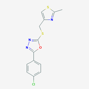 molecular formula C13H10ClN3OS2 B299322 2-(4-Chlorophenyl)-5-{[(2-methyl-1,3-thiazol-4-yl)methyl]sulfanyl}-1,3,4-oxadiazole 
