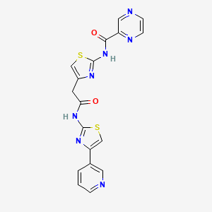 molecular formula C18H13N7O2S2 B2993266 N-(4-(2-oxo-2-((4-(pyridin-3-yl)thiazol-2-yl)amino)ethyl)thiazol-2-yl)pyrazine-2-carboxamide CAS No. 1206988-26-2