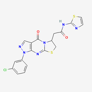 molecular formula C18H13ClN6O2S2 B2993275 2-[6-(3-Chlorophenyl)-2-oxo-10-thia-1,5,6,8-tetrazatricyclo[7.3.0.03,7]dodeca-3(7),4,8-trien-12-yl]-N-(1,3-thiazol-2-yl)acetamide CAS No. 952886-60-1
