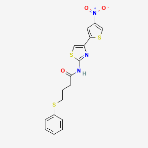 molecular formula C17H15N3O3S3 B2993278 N-(4-(4-硝基噻吩-2-基)噻唑-2-基)-4-(苯硫基)丁酰胺 CAS No. 941924-88-5