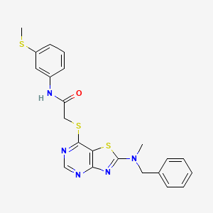 molecular formula C22H21N5OS3 B2993336 2-((2-(benzyl(methyl)amino)thiazolo[4,5-d]pyrimidin-7-yl)thio)-N-(3-(methylthio)phenyl)acetamide CAS No. 1207059-40-2