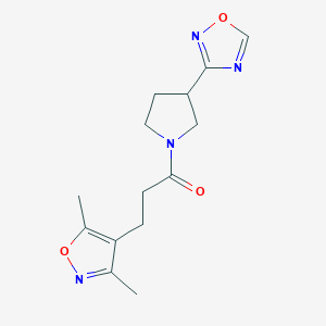 molecular formula C14H18N4O3 B2993361 1-(3-(1,2,4-Oxadiazol-3-yl)pyrrolidin-1-yl)-3-(3,5-dimethylisoxazol-4-yl)propan-1-one CAS No. 2034275-99-3