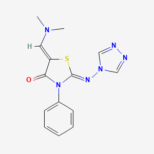 molecular formula C14H14N6OS B2993364 5-[(Z)-(dimethylamino)methylidene]-3-phenyl-2-(4H-1,2,4-triazol-4-ylimino)-1,3-thiazolan-4-one CAS No. 478064-07-2
