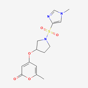 molecular formula C14H17N3O5S B2993389 6-methyl-4-((1-((1-methyl-1H-imidazol-4-yl)sulfonyl)pyrrolidin-3-yl)oxy)-2H-pyran-2-one CAS No. 1795087-27-2