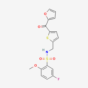 molecular formula C17H14FNO5S2 B2993431 5-氟-N-((5-(呋喃-2-甲酰基)噻吩-2-基)甲基)-2-甲氧基苯磺酰胺 CAS No. 1797613-45-6