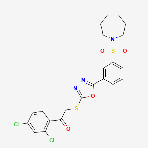 molecular formula C22H21Cl2N3O4S2 B2993523 2-((5-(3-(Azepan-1-ylsulfonyl)phenyl)-1,3,4-oxadiazol-2-yl)thio)-1-(2,4-dichlorophenyl)ethanone CAS No. 912906-51-5
