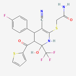 molecular formula C20H15F4N3O3S2 B2993569 2-((3-Cyano-4-(4-fluorophenyl)-6-hydroxy-5-(thiophene-2-carbonyl)-6-(trifluoromethyl)-1,4,5,6-tetrahydropyridin-2-yl)thio)acetamide CAS No. 1212141-17-7