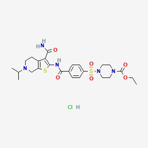 molecular formula C25H34ClN5O6S2 B2993603 盐酸乙基4-((4-((3-氨基甲酰基-6-异丙基-4,5,6,7-四氢噻吩并[2,3-c]吡啶-2-基)氨基甲酰基)苯基)磺酰基)哌嗪-1-甲酸酯 CAS No. 1215664-62-2