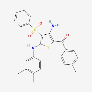 molecular formula C26H24N2O3S2 B2993615 (3-Amino-5-((3,4-dimethylphenyl)amino)-4-(phenylsulfonyl)thiophen-2-yl)(p-tolyl)methanone CAS No. 1115519-96-4