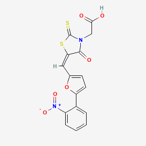 molecular formula C16H10N2O6S2 B2993622 (E)-2-(5-((5-(2-nitrophenyl)furan-2-yl)methylene)-4-oxo-2-thioxothiazolidin-3-yl)acetic acid CAS No. 312756-56-2