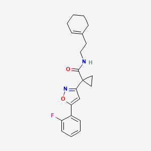 molecular formula C21H23FN2O2 B2993627 N-(2-(cyclohex-1-en-1-yl)ethyl)-1-(5-(2-fluorophenyl)isoxazol-3-yl)cyclopropanecarboxamide CAS No. 1286724-58-0