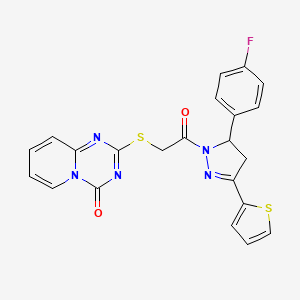 molecular formula C22H16FN5O2S2 B2993663 2-((2-(5-(4-氟苯基)-3-(噻吩-2-基)-4,5-二氢-1H-吡唑-1-基)-2-氧代乙基)硫代)-4H-吡啶并[1,2-a][1,3,5]三嗪-4-酮 CAS No. 896329-87-6