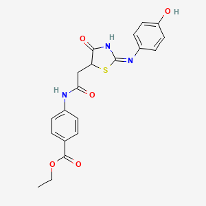 molecular formula C20H19N3O5S B2993701 (E)-乙基 4-(2-(2-((4-羟基苯基)亚氨基)-4-氧代噻唑烷-5-基)乙酰氨基)苯甲酸酯 CAS No. 501107-85-3