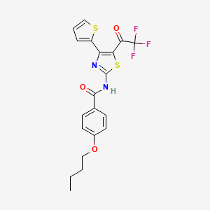 molecular formula C20H17F3N2O3S2 B2993823 4-butoxy-N-(4-(thiophen-2-yl)-5-(2,2,2-trifluoroacetyl)thiazol-2-yl)benzamide CAS No. 477554-76-0