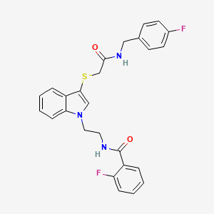 molecular formula C26H23F2N3O2S B2993920 2-fluoro-N-(2-(3-((2-((4-fluorobenzyl)amino)-2-oxoethyl)thio)-1H-indol-1-yl)ethyl)benzamide CAS No. 862825-95-4