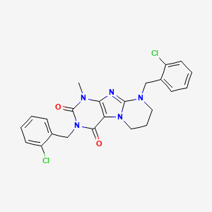 molecular formula C23H21Cl2N5O2 B2993971 3,9-bis(2-chlorobenzyl)-1-methyl-6,7,8,9-tetrahydropyrimido[2,1-f]purine-2,4(1H,3H)-dione CAS No. 1021065-72-4