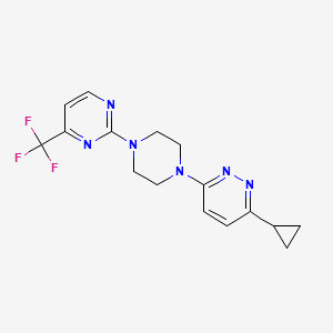 molecular formula C16H17F3N6 B2993975 3-Cyclopropyl-6-(4-(4-(trifluoromethyl)pyrimidin-2-yl)piperazin-1-yl)pyridazine CAS No. 2034494-63-6