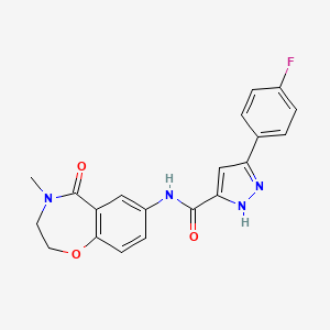 molecular formula C20H17FN4O3 B2993977 3-(4-fluorophenyl)-N-(4-methyl-5-oxo-2,3,4,5-tetrahydrobenzo[f][1,4]oxazepin-7-yl)-1H-pyrazole-5-carboxamide CAS No. 1319141-70-2