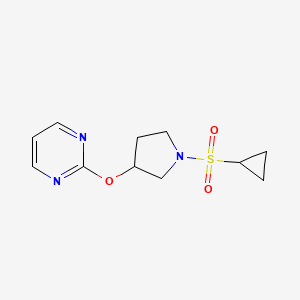molecular formula C11H15N3O3S B2994065 2-((1-(Cyclopropylsulfonyl)pyrrolidin-3-yl)oxy)pyrimidine CAS No. 2034394-87-9