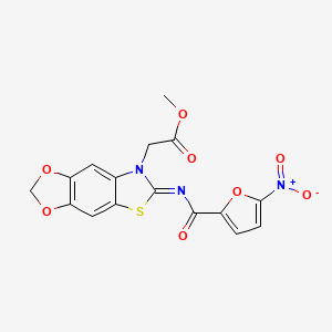 molecular formula C16H11N3O8S B2994079 (Z)-methyl 2-(6-((5-nitrofuran-2-carbonyl)imino)-[1,3]dioxolo[4',5':4,5]benzo[1,2-d]thiazol-7(6H)-yl)acetate CAS No. 905661-51-0