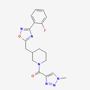 molecular formula C18H19FN6O2 B2994087 (3-((3-(2-fluorophenyl)-1,2,4-oxadiazol-5-yl)methyl)piperidin-1-yl)(1-methyl-1H-1,2,3-triazol-4-yl)methanone CAS No. 1705106-01-9