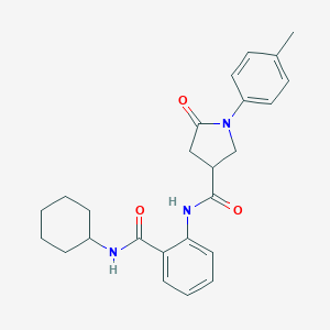 molecular formula C25H29N3O3 B299409 N-{2-[(cyclohexylamino)carbonyl]phenyl}-1-(4-methylphenyl)-5-oxo-3-pyrrolidinecarboxamide 