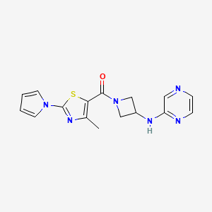 molecular formula C16H16N6OS B2994155 (4-methyl-2-(1H-pyrrol-1-yl)thiazol-5-yl)(3-(pyrazin-2-ylamino)azetidin-1-yl)methanone CAS No. 2319852-35-0