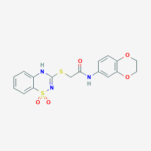 molecular formula C17H15N3O5S2 B2994157 N-(2,3-dihydrobenzo[b][1,4]dioxin-6-yl)-2-((1,1-dioxido-4H-benzo[e][1,2,4]thiadiazin-3-yl)thio)acetamide CAS No. 886955-19-7