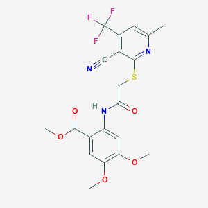 molecular formula C20H18F3N3O5S B2994234 Methyl 2-[(2-{[3-cyano-6-methyl-4-(trifluoromethyl)-2-pyridinyl]sulfanyl}acetyl)amino]-4,5-dimethoxybenzenecarboxylate CAS No. 674806-01-0
