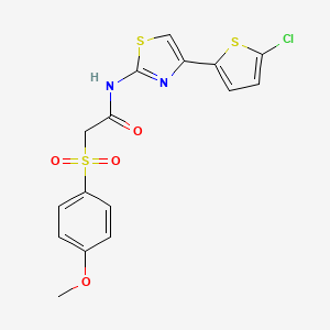 molecular formula C16H13ClN2O4S3 B2994255 N-(4-(5-chlorothiophen-2-yl)thiazol-2-yl)-2-((4-methoxyphenyl)sulfonyl)acetamide CAS No. 941901-64-0