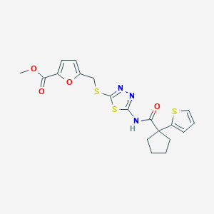 molecular formula C19H19N3O4S3 B2994263 Methyl 5-(((5-(1-(thiophen-2-yl)cyclopentanecarboxamido)-1,3,4-thiadiazol-2-yl)thio)methyl)furan-2-carboxylate CAS No. 1219914-31-4