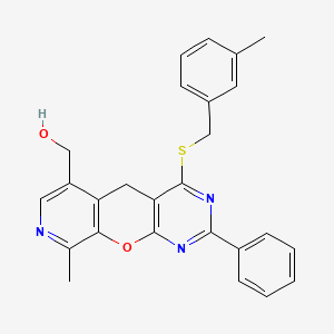 molecular formula C26H23N3O2S B2994270 (9-methyl-4-((3-methylbenzyl)thio)-2-phenyl-5H-pyrido[4',3':5,6]pyrano[2,3-d]pyrimidin-6-yl)methanol CAS No. 892414-96-9