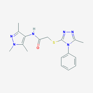 molecular formula C17H20N6OS B299428 2-[(5-methyl-4-phenyl-4H-1,2,4-triazol-3-yl)sulfanyl]-N-(1,3,5-trimethyl-1H-pyrazol-4-yl)acetamide 