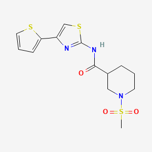 molecular formula C14H17N3O3S3 B2994283 1-(methylsulfonyl)-N-(4-(thiophen-2-yl)thiazol-2-yl)piperidine-3-carboxamide CAS No. 1058188-86-5