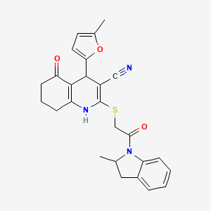molecular formula C26H25N3O3S B2994311 4-(5-Methylfuran-2-yl)-2-((2-(2-methylindolin-1-yl)-2-oxoethyl)thio)-5-oxo-1,4,5,6,7,8-hexahydroquinoline-3-carbonitrile CAS No. 578755-25-6